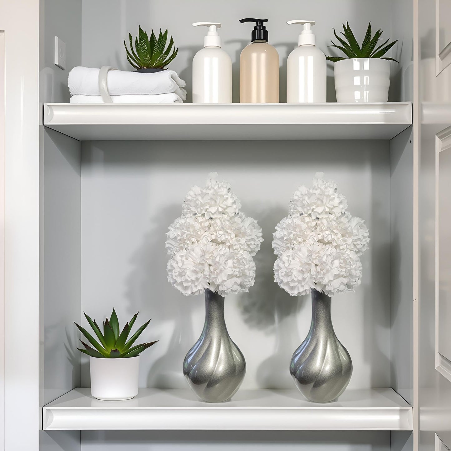 Flourish Vase with Artificial Flowers - Silver Grey and White, Pre-Arranged - Perfect for Home Decor and Living Room Decoration, Bedroom or Bathroom Ornament