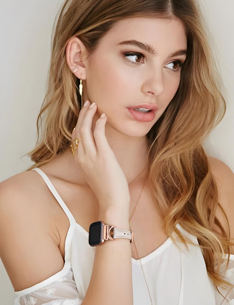 Minyee Leather Band Compatible with Fitbit Versa 2/Fitbit Versa/Versa Lite Bands Women, Slim Thin Dressy Designer Premium Leather Strap with C-Shape Metal Buckle for Versa 2 Watch, Starlight/Rose Gold