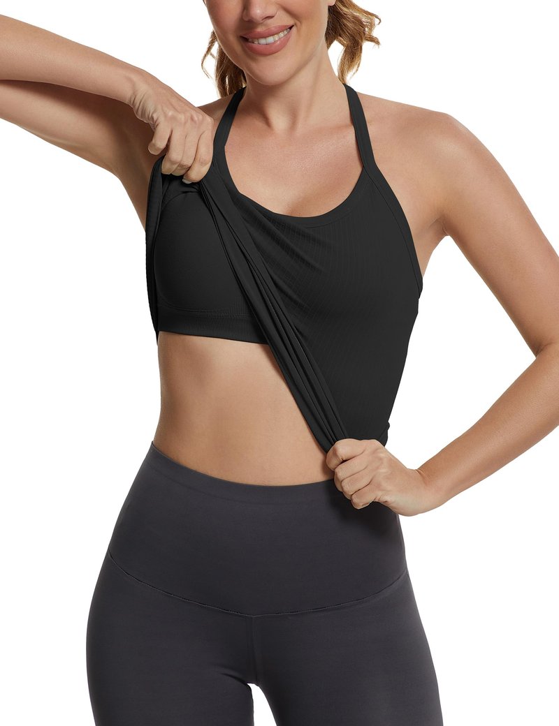 MathCat Seamless Workout Tank Tops with Built in Bra，Racerback Athletic Tank Tops Ribbed Soft Yoga Shirts Black