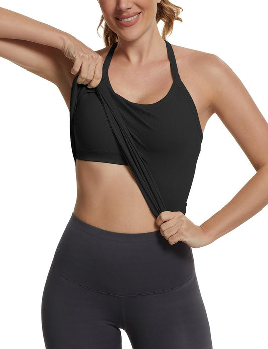 MathCat Seamless Workout Tank Tops with Built in Bra，Racerback Athletic Tank Tops Ribbed Soft Yoga Shirts Black