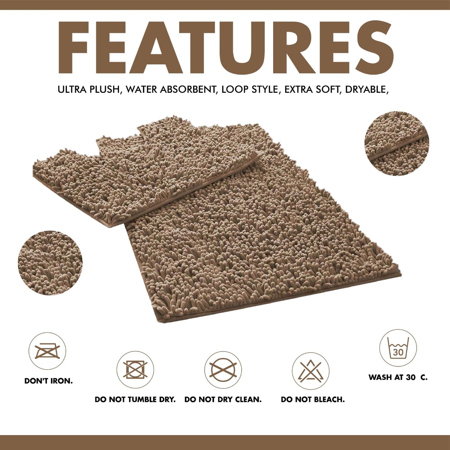 Lions Luxury 2 Piece Loop Bath Mats for Bathroom - Non Slip Chenille Bath Mat Set Rugs, Extra Soft with Water Absorbent Pedestal Bathmat Shower Toilet Mat, Natural