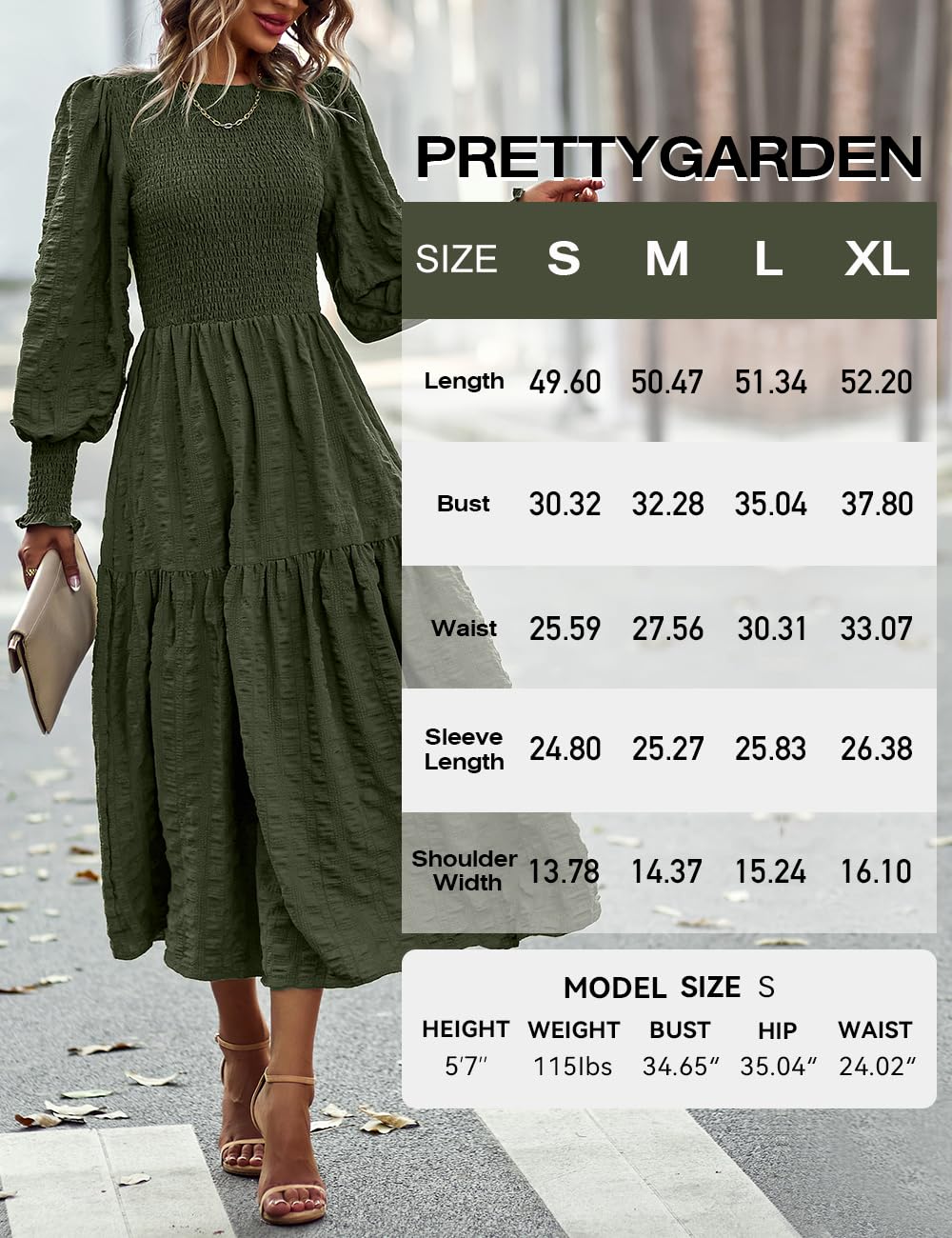 PRETTYGARDEN Women 2025 Spring Puff Long Sleeve Crewneck Smocked Maxi Dress Empire Waist Tiered A-line Swing Flowy Long Dress(Army Green,Small)