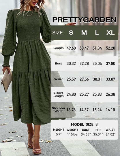PRETTYGARDEN Women 2025 Spring Puff Long Sleeve Crewneck Smocked Maxi Dress Empire Waist Tiered A-line Swing Flowy Long Dress(Army Green,Small)