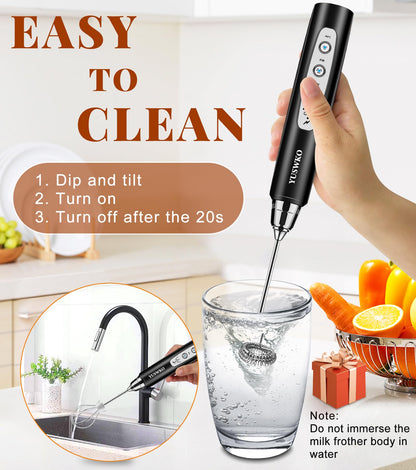 YUSWKO Black Handheld Milk Frother Wand for Coffee, Rechargeable Electric Whisk with 3 Heads 3 Speeds Drink Mixer Coffee Frother For Latte, Cappuccino, Hot Chocolate, Egg