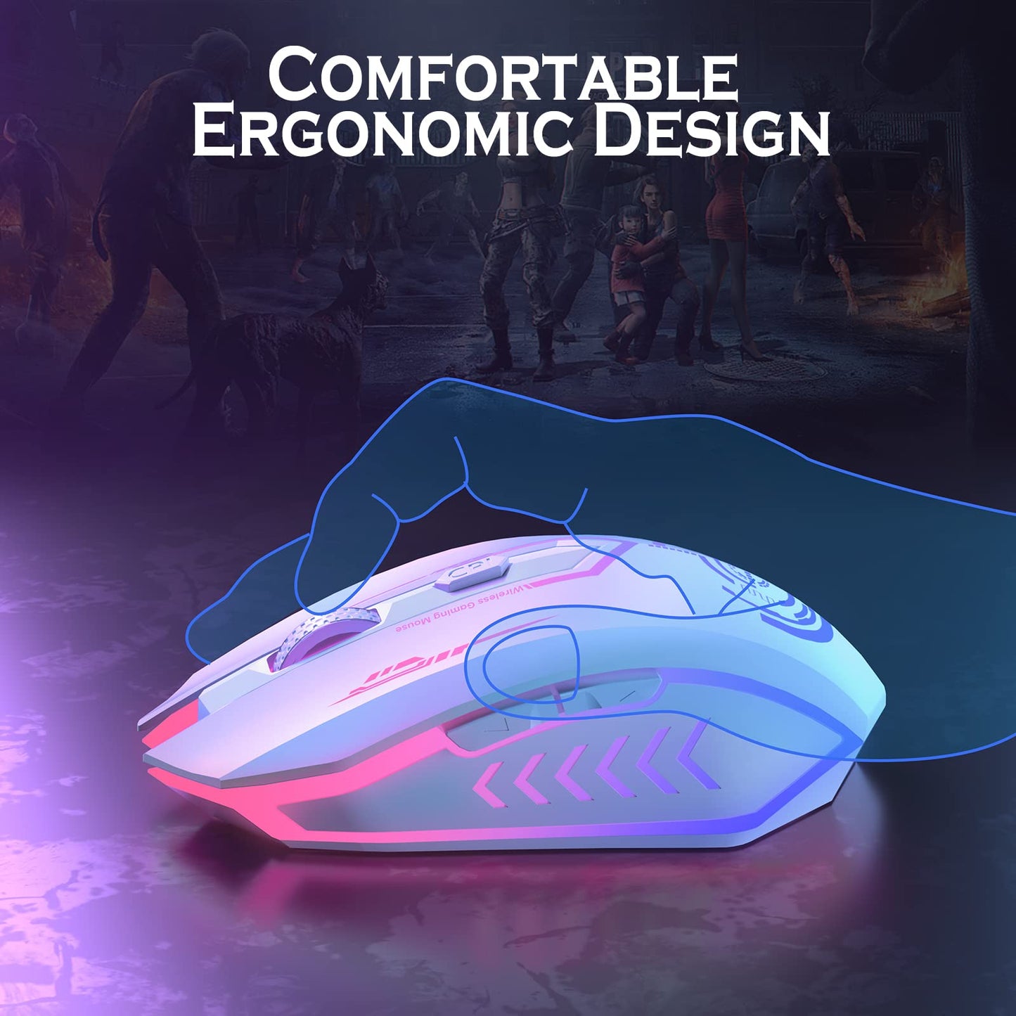 UHURU Wireless Gaming Mouse Up to 12000 DPI, Rechargeable USB-C Wireless Mouse with 7 Buttons 7 Dynamic LED Color Ergonomic Programmable MMO RPG for PC Laptop, Compatible with Windows Mac
