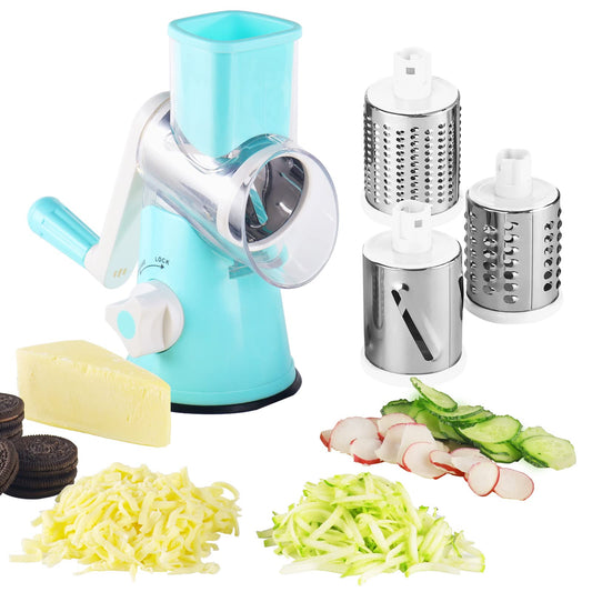 EDEFISY Cheese Grater Hand Crank - 3-in-1 Stainless Steel Rotary Grater & Shredder for Cheese, Vegetables, Nuts, Chocolate - Easy Crank Manual Food Grinder with Drum Slicer (Blue)