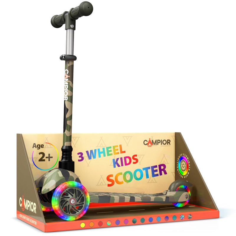 Camo Mini 3 Wheel Scooter for Kids – Lean-to-Steer with LED Light-Up Wheels, Adjustable Handlebar, Wide Anti-Slip Deck, Smooth PU Wheels, Rear Foot Brake – Toddler Scooter for Ages 2+