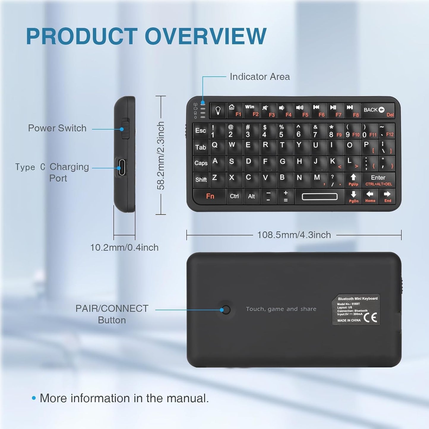 Rii Mini Bluetooth Keyboard,Portable Wireless Rechargeable Keyboard with Backlit,for Smart TV/Android TV Box/Smartphone/HTPC/IPTV/VR Glasses Black(Upgrade-TypeC)