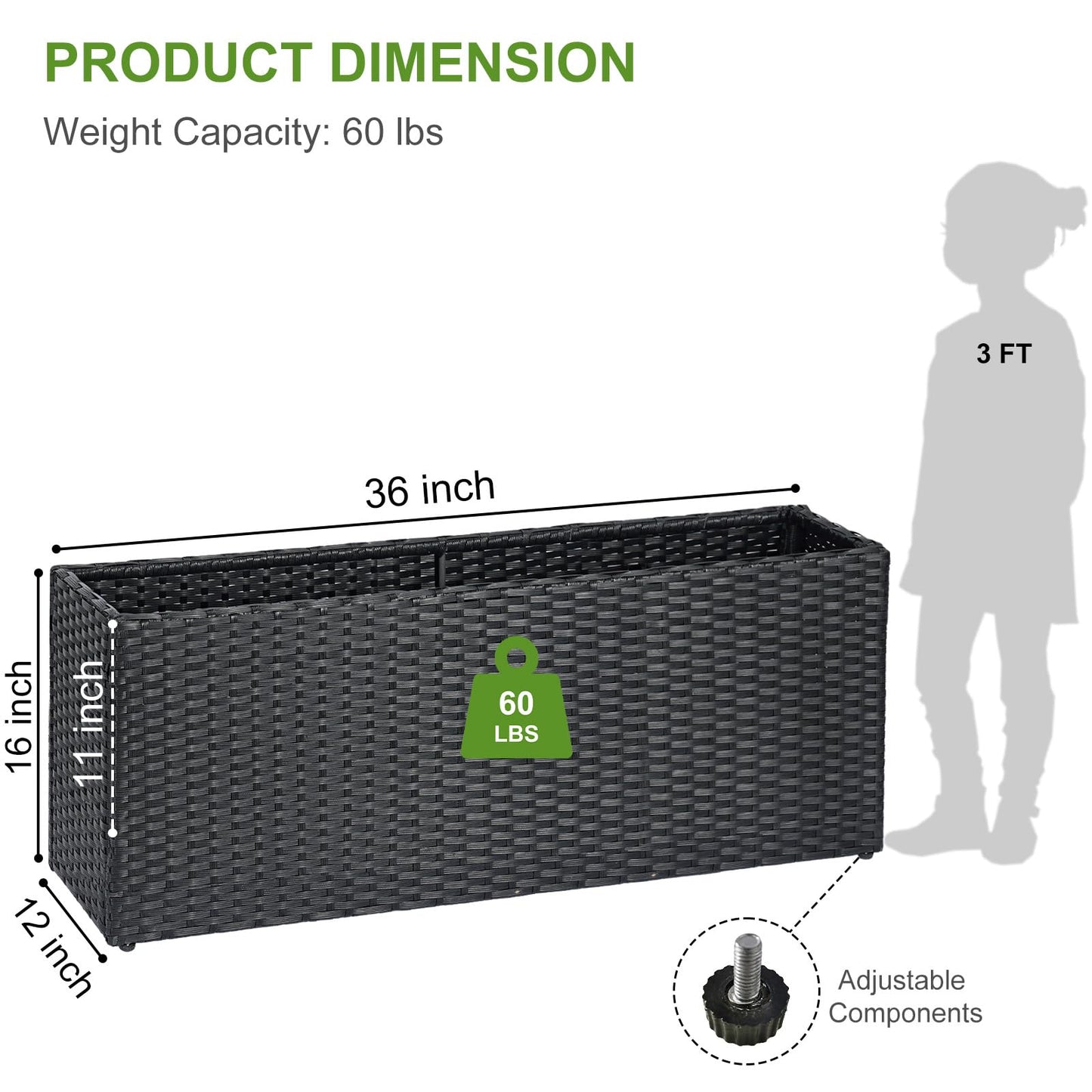 LEWIS&WAYNE Large Rectangular Block Planter Box Handmade Wicker Tall Planters for Outdoor Plants with Removable Liners Modern Planter for Indoor Outdoor Patio Deck - Black, 36''x12''x16''