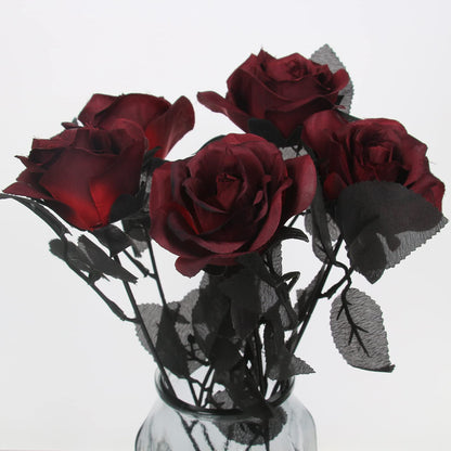 Tinsow 10 Pcs Artificial Roses Bouquet Faux Black Roses Bundles Fake Flowers Realistic Flowers Arrangements Halloween Decor (Maroon, 10)
