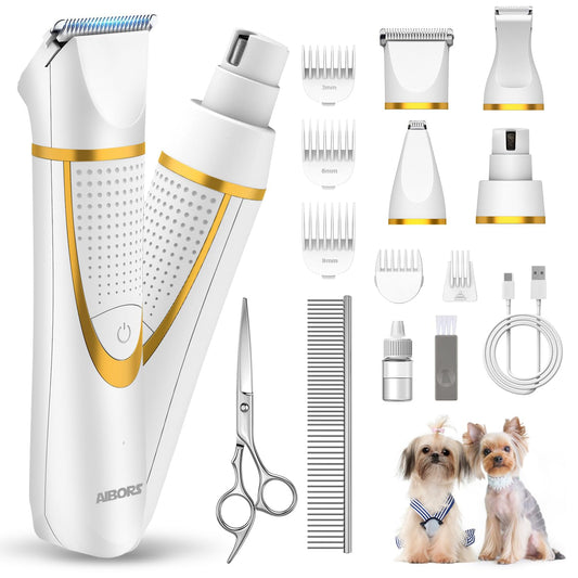 AIBORS Small Dog Grooming Kit, 4 in 1 Electric Cordless Dog Paw Trimmer with Nail Grinder, Low Noise Dog Nail Trimmers, IPX7 Waterproof Small Dog Grooming Clippers for Paws, Ears, Face, Hip Hairl