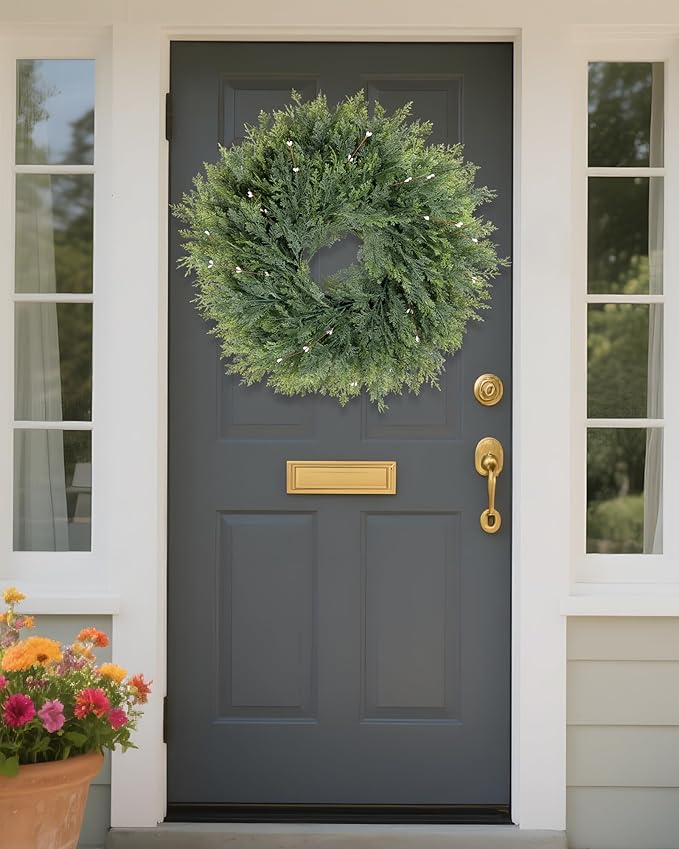 Home Decor Greenery Faux Cypress Plant, Large Front Door Wreath with 6PACK Artificial White Berry Fruit, 22inch Green Wild Wreath