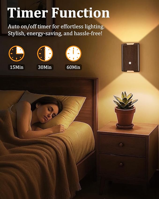 Motion Sensor Wall Lights Wood - Decor Light Battery Operated LED Light Indoor Set of 2 Rechargeable Light Easy Installation, Gifts for Tenant New Home Apartment RV(Wood 2pcs)