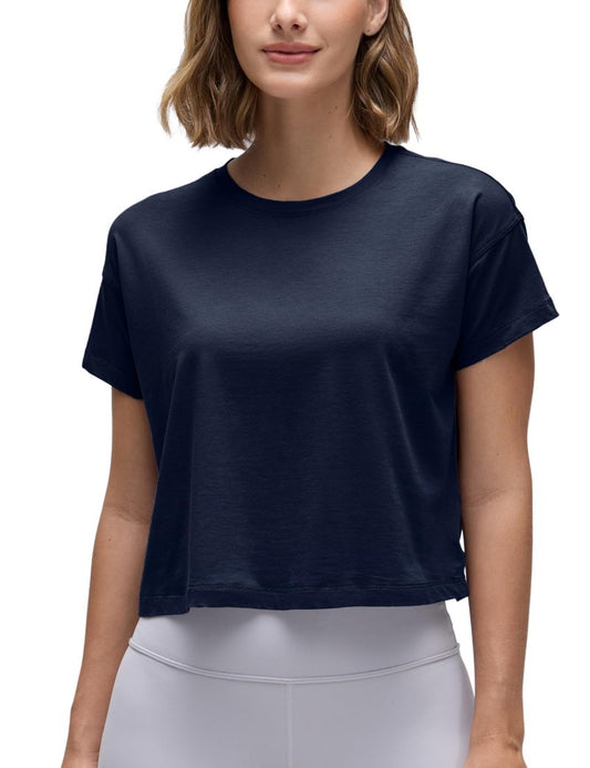 CRZ YOGA Pima Cotton Relaxed Crop T-Shirts for Women - Workout Athletic Gym Casual Short Sleeve Shirts Loose Crewneck Tops Navy Small