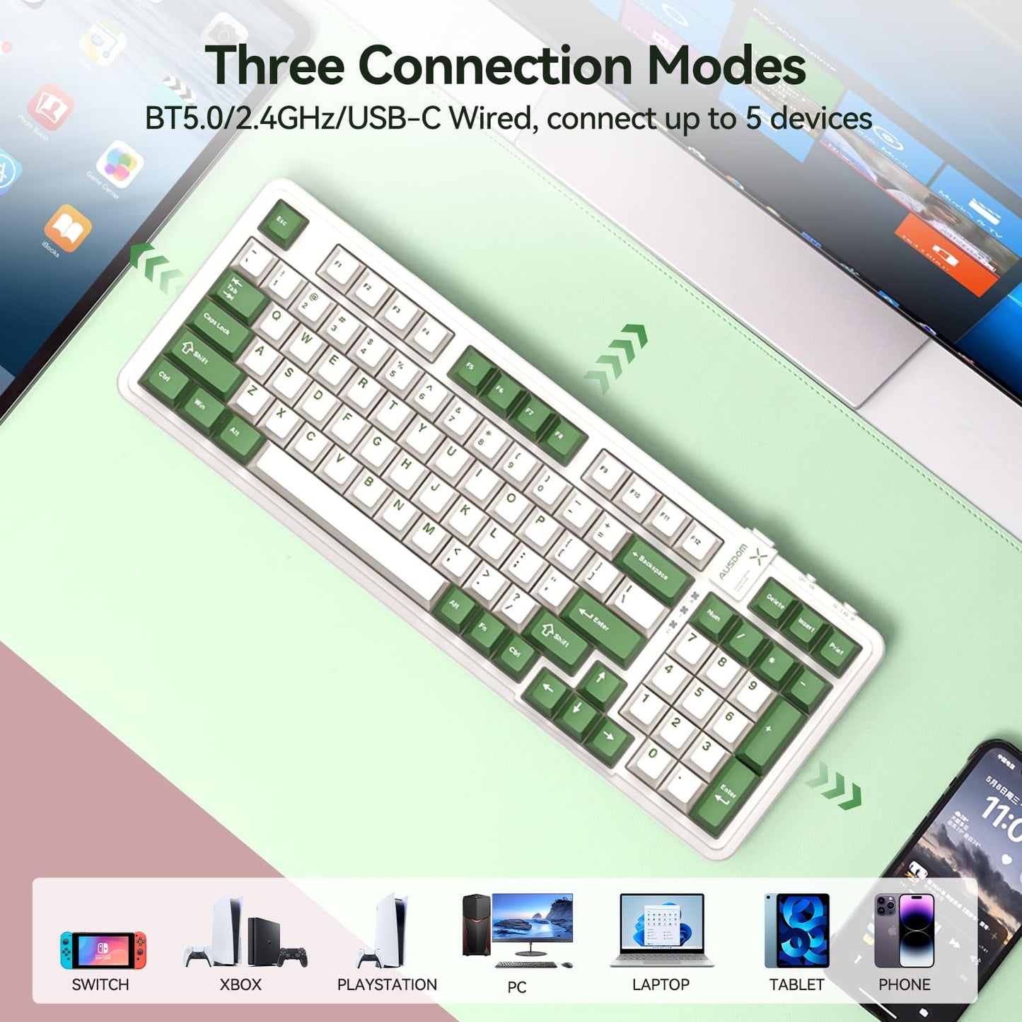 AUSDOM 98Pro Silent Mechanical Keyboard, Wireless Hot Swappable Gaming Keyboard with Backlit,Gasket Structure,Pre-lubed Tactile Switches,2.4GHz/Type-C/Bluetooth Custom Keyboards (Green & White-Silent)