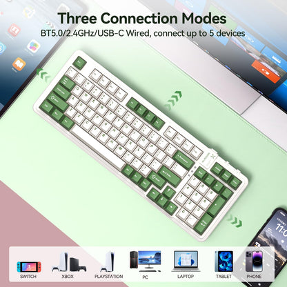 AUSDOM 98Pro Silent Mechanical Keyboard, Wireless Hot Swappable Gaming Keyboard with Backlit,Gasket Structure,Pre-lubed Tactile Switches,2.4GHz/Type-C/Bluetooth Custom Keyboards (Green & White-Silent)