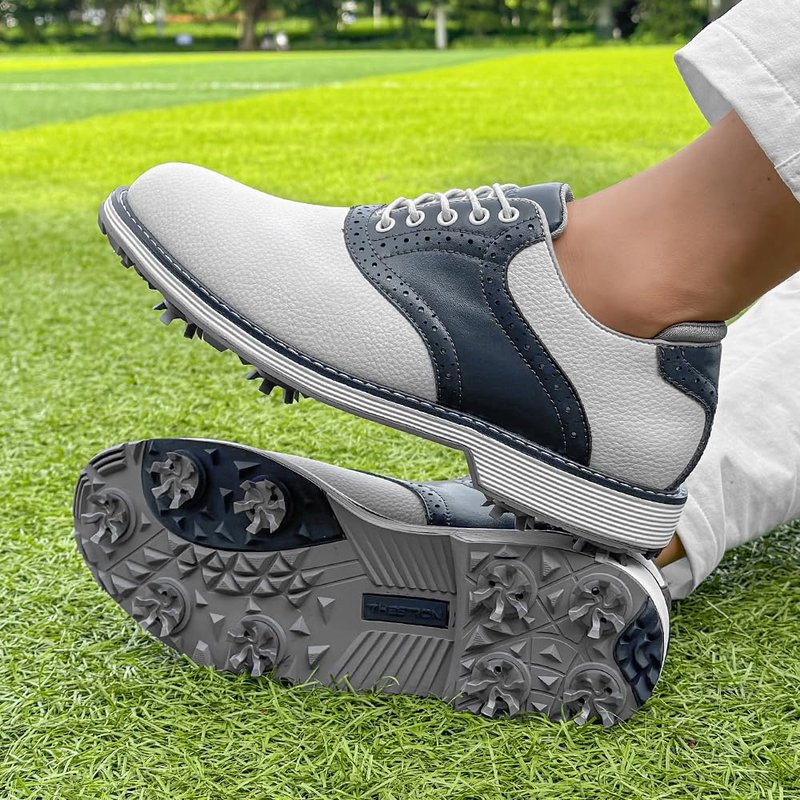 Men Golf Shoes Waterproof Professional Golf Footwears Spikes Spikeless Golf Walking Sneakers Turf Sports Golf Training Sneakers for Men (9,White Blue-K01)