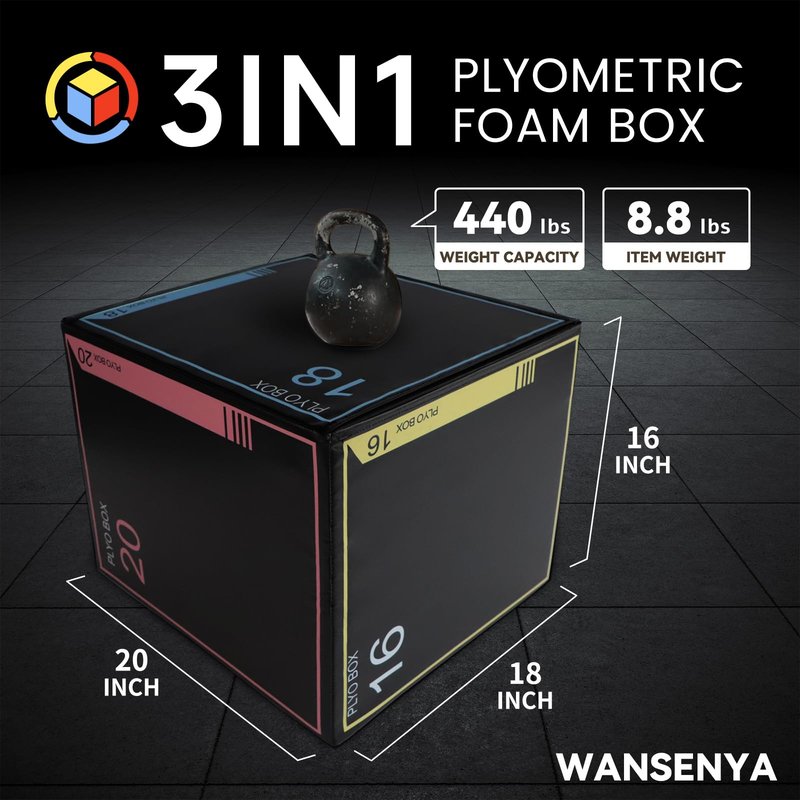 Wansenya 3-in-1 Dense Foam Plyometric Jump Box,20"x18"x16",Stable Non-Slip Box Jumps for Home Gym,Exercise Foam Plyo Box for Fitness Training-Step-Ups,Split Squats,Dips, Box Jump Cube