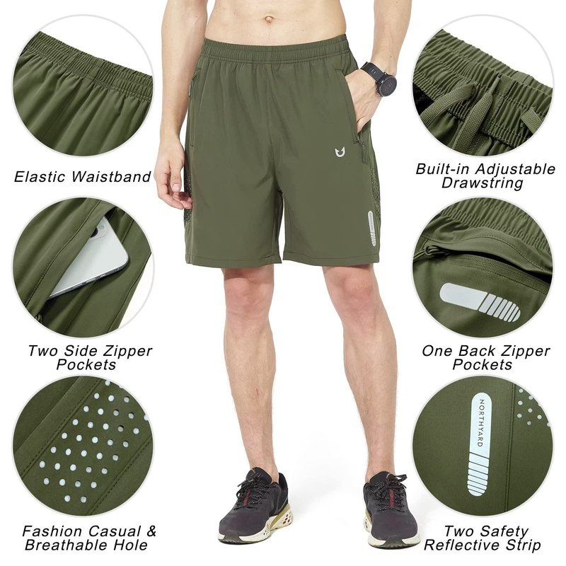 NORTHYARD Men's Athletic Running Shorts Gym Workout 7"/9"/5" Quick Dry Lightweight Sports Basketball Tennis 3 Zipper Pockets ArmyGreen S