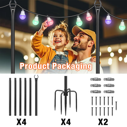 FHNFHN String Light Poles 4 Pack,10FT Metal String Light Poles for Outside, Adjustable Outdoor Poles for Patio, Deck, Garden, Wedding, Backyard, Christmas Party Decor, Sturdy with Hooks