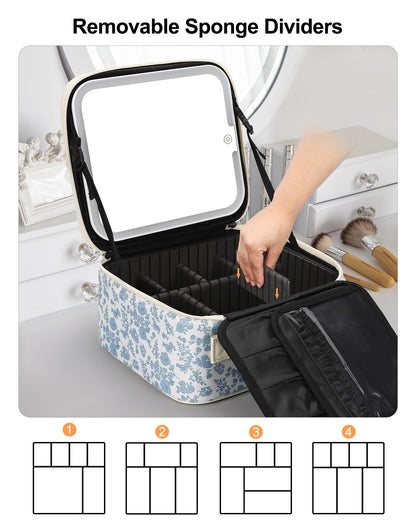 Relavel Travel Makeup Bag With LED Mirror, Cosmetic Train Case with Light up Mirror, Portable Makeup Artist Organizer Bag with Adjustable Dividers, Makeup Brush Holder Storage, Black