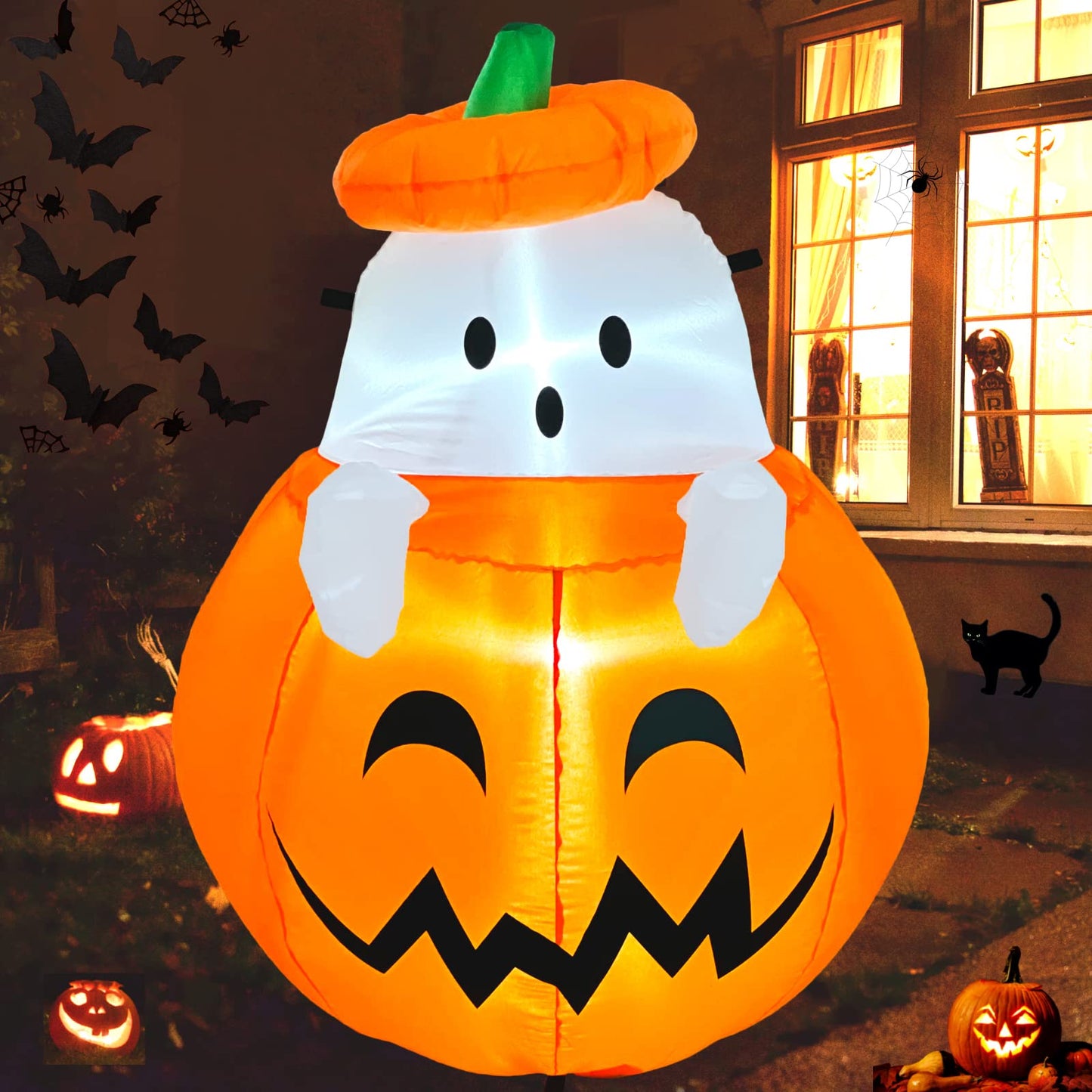 Buheco Inflatable Pumpkin Ghost Halloween Decorations Outdoor Blow Up 4ft Giant Cute Scary Yard Decor Inflatables Built in Led Lights for Indoor Outside Lawn Garden Holiday Fall Family Party Props