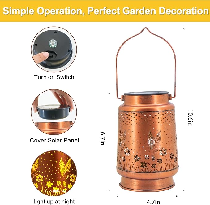 2 Pack Hummingbird Birthday Gifts for Women Mom Grandma Solar Lanterns Outdoor Waterproof Garden Decor Metal Hanging LED Decorative Light for Patio Yard Lawn Backyard Front Porch Gardening Gifts