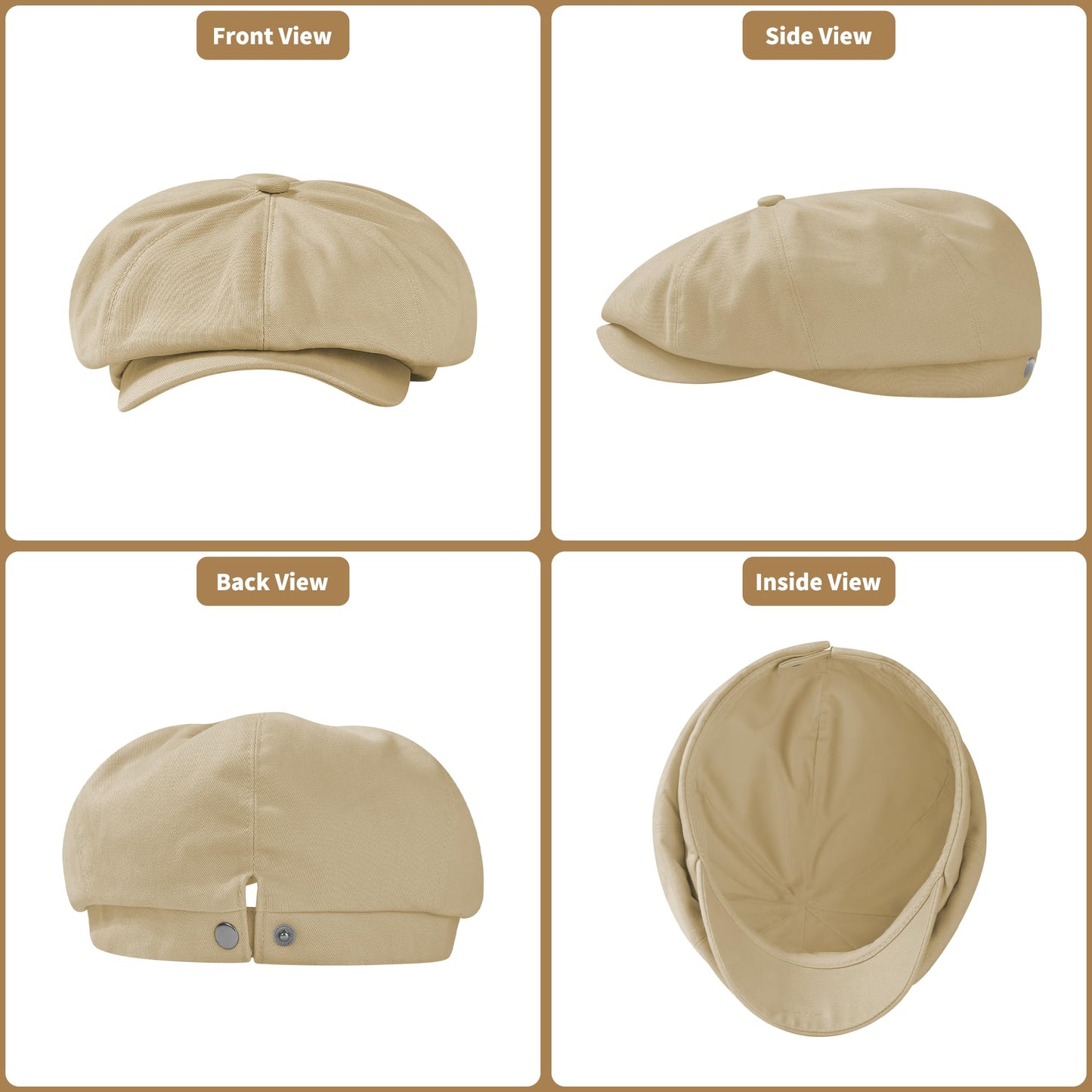 KUJUHA Newsboy Cap for Men Flat Cap 100% Cotton Irish Gatsby Ivy Golf Cabbie Hat Driving Hat Khaki