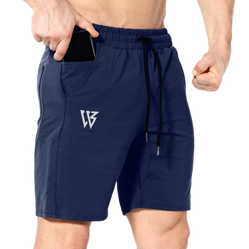 ZENWILL Mens Gym Running Shorts, Workout Athletic Bodybuilding Fitness Shorts with Zip Pockets (Small, Navy)