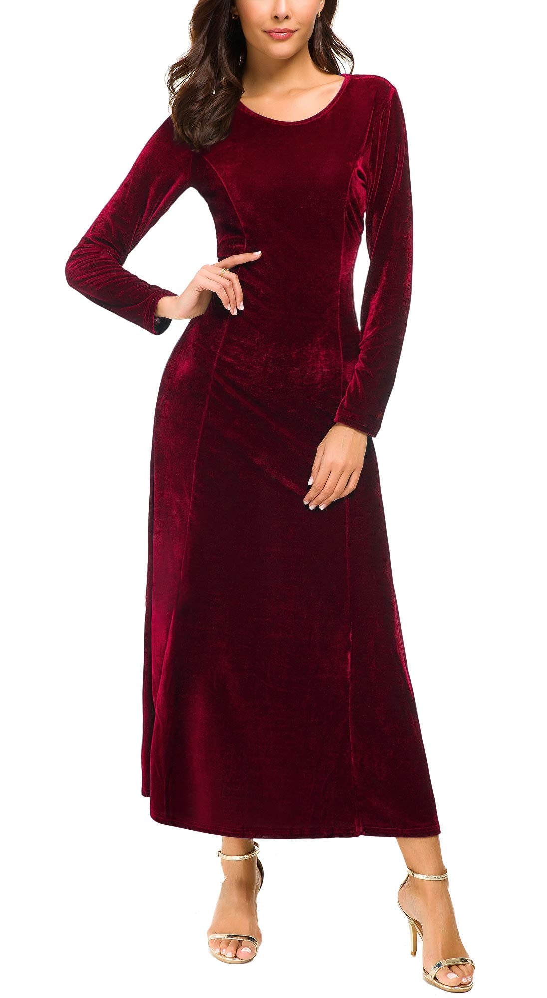 Urban CoCo Women's Elegant Long Sleeve Ruched Velvet Stretchy Long Dress (2XL, Wine red)