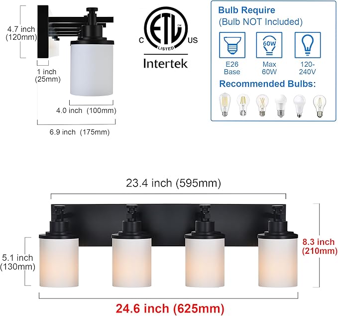 MELUCEE 4-Light Black Bathroom Light Fixture, Modern Bathroom Vanity Lights Over Mirror with Milky White Glass Shade, Farmhouse Wall Mounted Lamp for Dressing Room Living Room Hallway