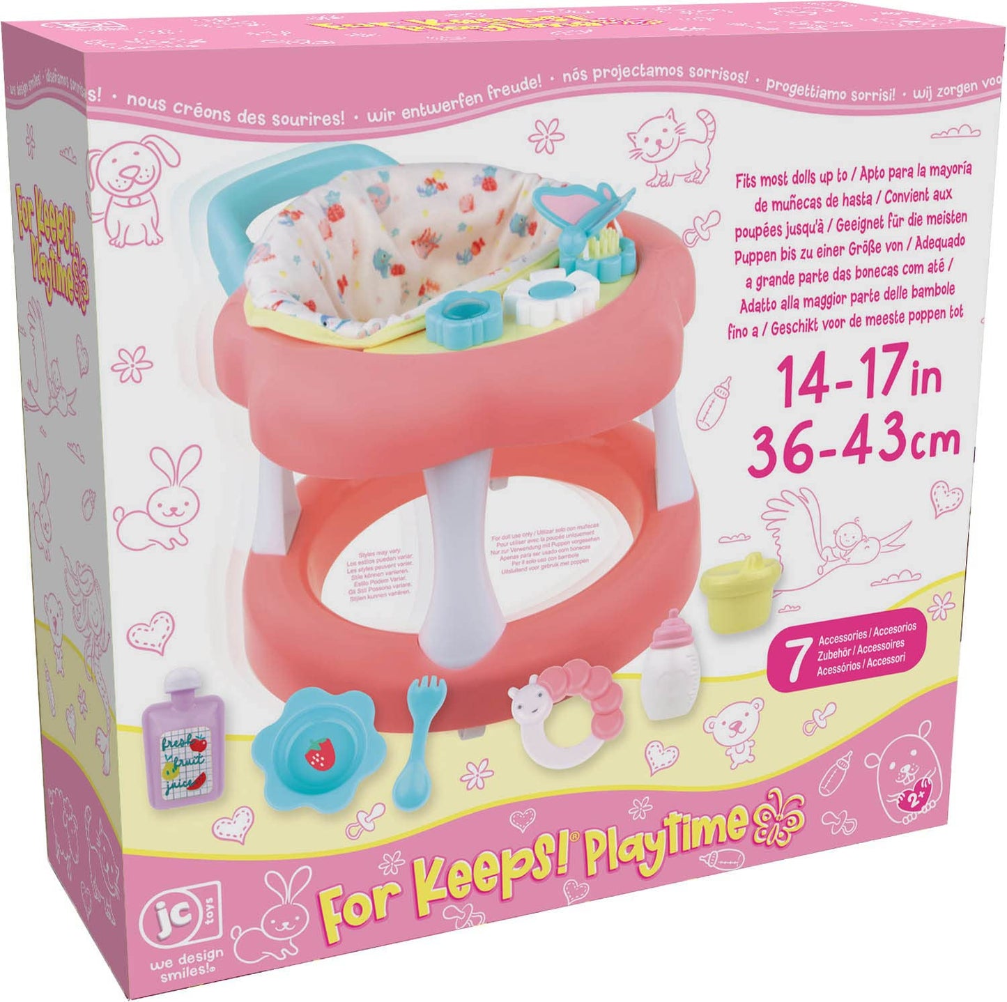 JC Toys - For Keeps Playtime! | Baby Doll Walker Gift Set | Fits Dolls up to 17" | Cloth Seat for easy use and Play Accessories | Ages 2+