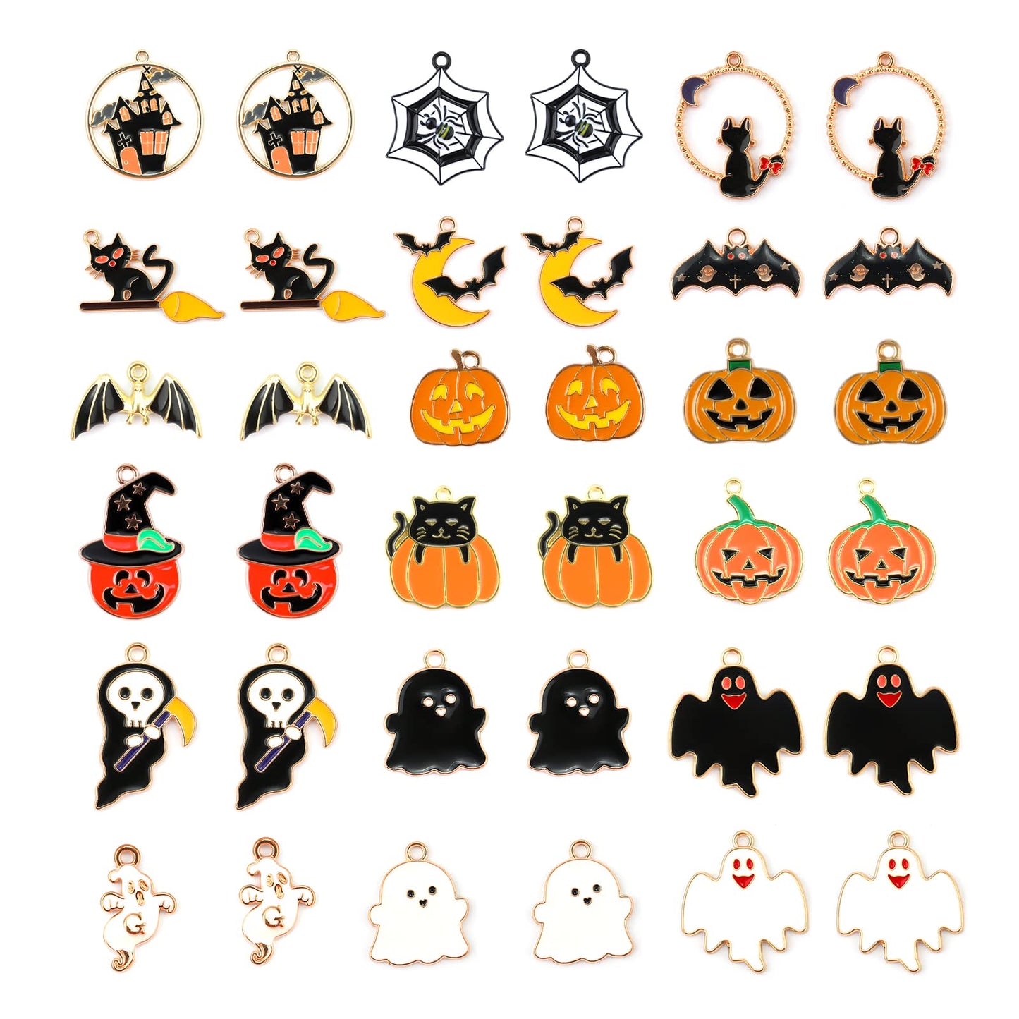AIEX 36pcs Halloween Charms, Enamel Pendant Halloween Pumpkin Ghost Bat Charms for Earrings Necklace Bracelet Jewelry Making DIY Craft Decorations