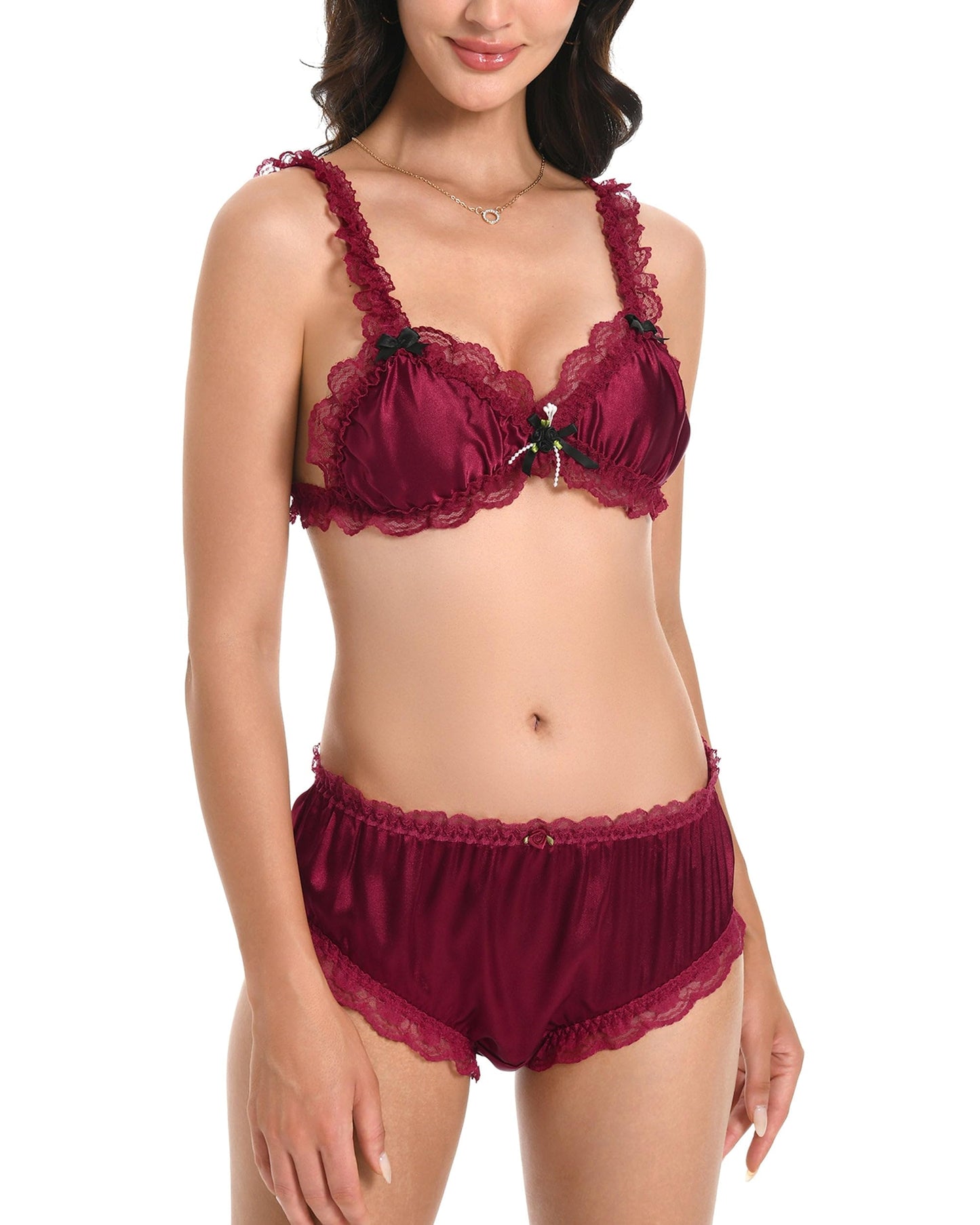 Satini Sissy Frilly Lace Fitted Satin Bralette (Wine Red, XL)
