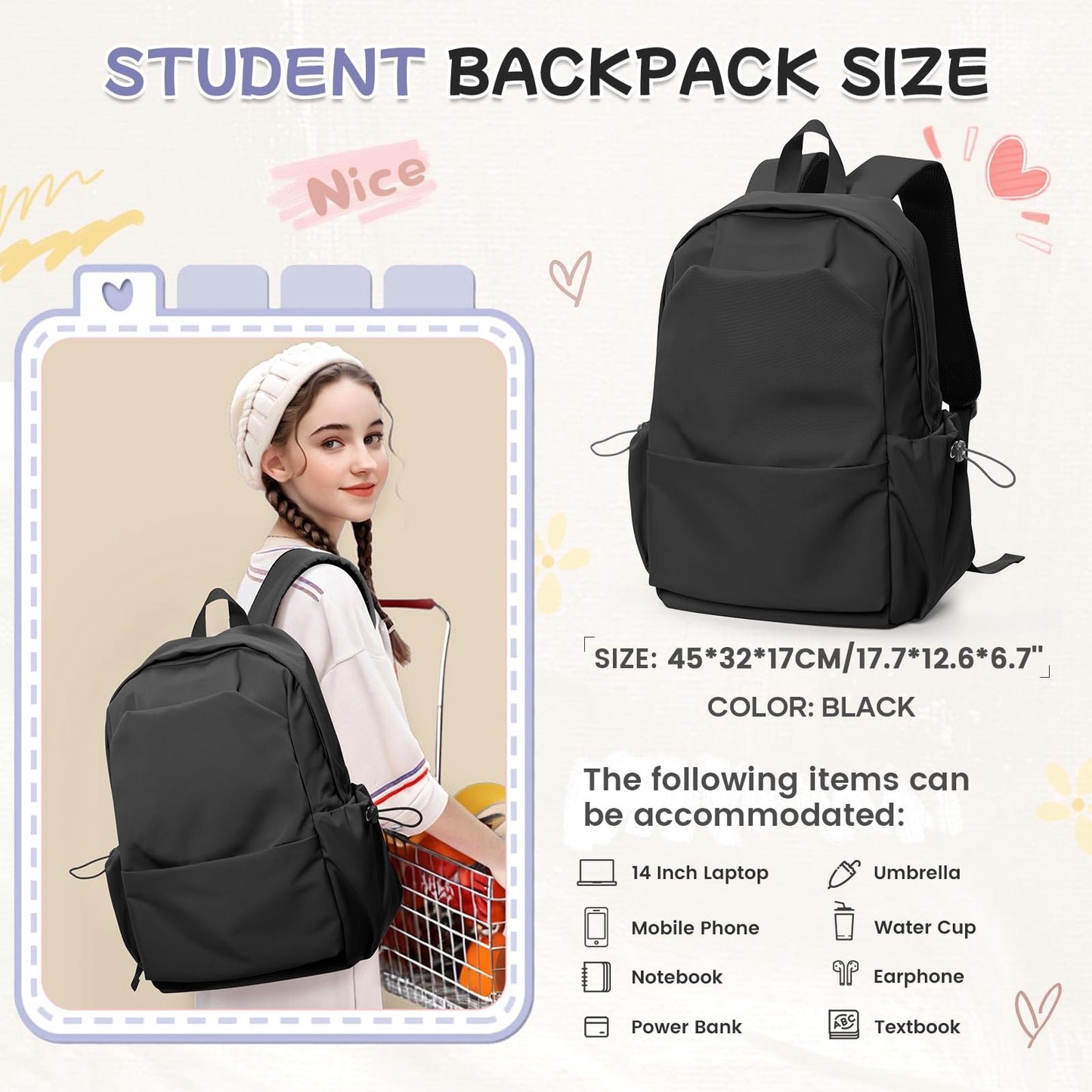 HYC00 School Backpack Womens Causal Travel School Bag for Teenage Girls Boys Secondary Backpack Lightweight 14 Inch Laptop Rucksack Bag for Women Casual Daypack Bookbag for Daily College Work, Black