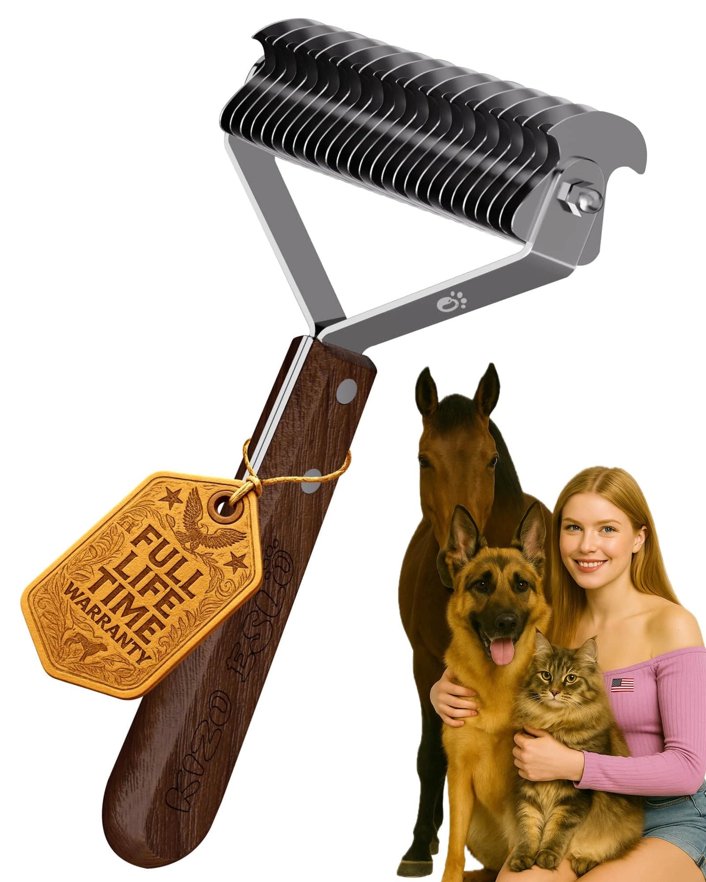 Extra Large 2-Sided Undercoat Rake for Dogs & Cats, Dog Brush for Shedding Remove Mats, Dematting Comb, Safe & Gentle Grooming Brush for German Shepherds Medium to Long-Haired Pets (Walnut Handle)