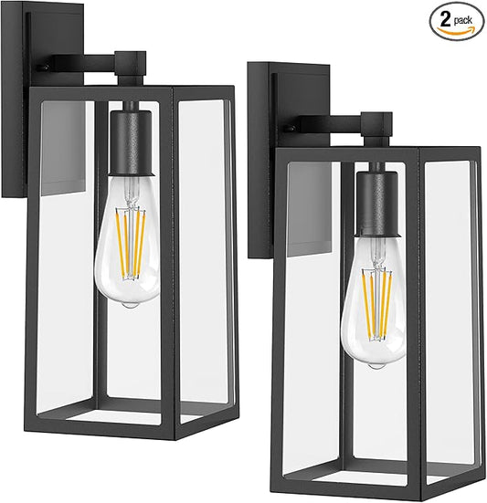 PARTPHONER Outdoor Light Fixtures Wall Mount, Porch Light, Waterproof Exterior Light Fixture, Anti-Rust Wall Sconce with Clear Glass and Black Aluminum for Garage, Doorway-2 Pack