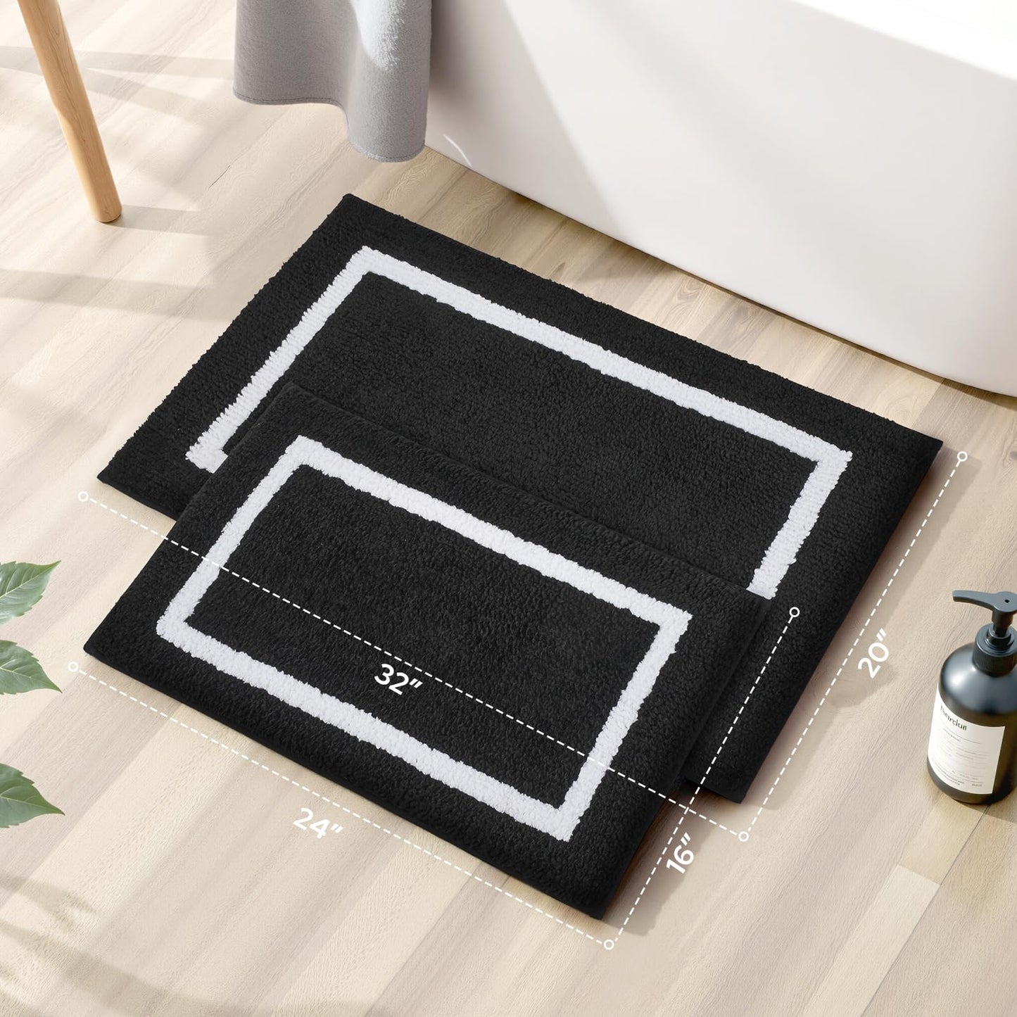 HOMEIDEAS Bathroom Rugs Sets 2 Piece, Super Soft and Absorbent Microfiber Tufted Bath Mats, Non-Slip and Machine Washable Bath Rugs(Black and White)