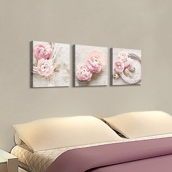 Floral Picture Canvas Wall Art: Innocence Pink Peony Flower Wreath Photographic Prints for Decor
