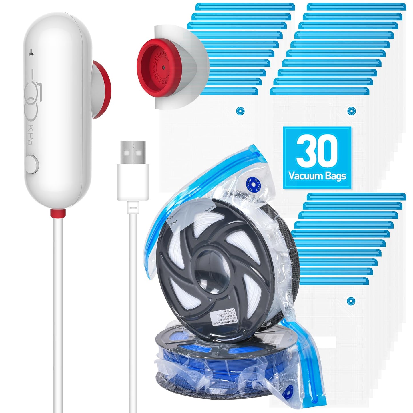 Vacbird 3D Printer Accessories Upgrade Vacuum Kit, 30pcs 3D Filament Vacuum Bags with USB Pump (30 * 34cm) Reusable, for 3D Printer Filament Storage, Protect Filament from Moisture