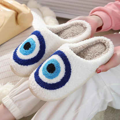 Qubuwalk Happy Smile Face Slippers Evil Eyes Cozy House Slippers for Women Soft Plush Slip-On Slippers Indoor Outdoor