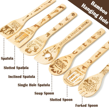 Eartim Halloween Wooden Cooking Utensil Set - 7Pcs Hocus Pocus Kitchen Cooking Gadget Natural Carve Bamboo Spoon Slotted Spatula Non-Stick Cookware Utensil Birthday Housewarming Gift Halloween Supply