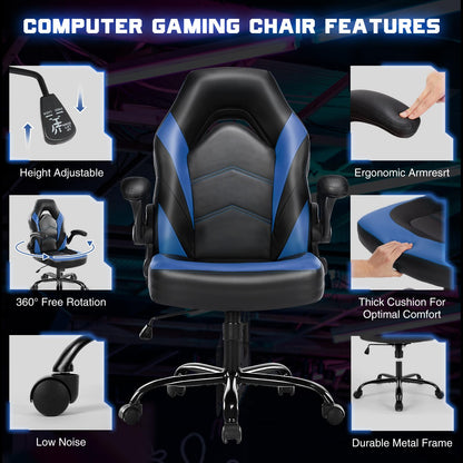 DUMOS Ergonomic Computer Gaming Chair - Home Office Desk with PU Leather Lumbar Support, Height Adjustable Big and Tall Video Game with Flip-up Armrest, Swivel Wheels for Adults and Teens
