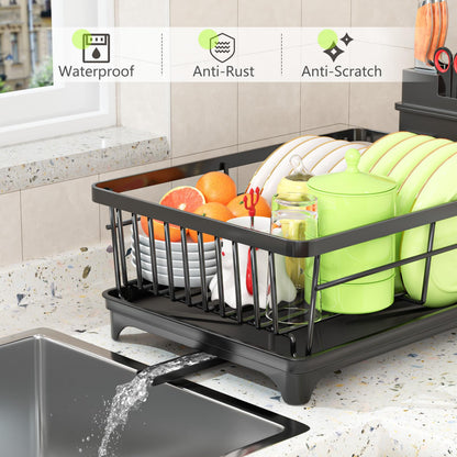 SavvyStor Dish Drainer Rack - Space Saving Dish Rack for Kitchen Counter, Kitchen Dish Drainer with Utensil Holder, Drain Board, Black