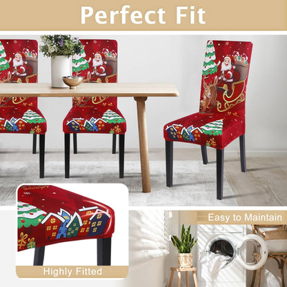 SearchI Christmas Chair Covers Set of 4, Stretch Xmas Kitchen Chair Cover Removable Washable Holiday Parsons Chair Slipcovers for Dining Room, Christmas Decoration, Ceremony(Santa Claus+Elk)