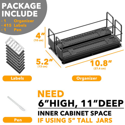 SpaceAid Pull Out Spice Rack Organizer for Cabinet, Heavy Duty Slide Out Seasoning Kitchen Organizer, Cabinet Organizer, with Labels, 5.2" W x10.75 D x10 H, 2 Drawers 2-Tier