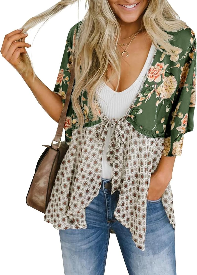 Women's Floral Tie Front Kimono Cardigan - Lightweight Ruffle 3/4 Sleeve Boho Beach Cover Up