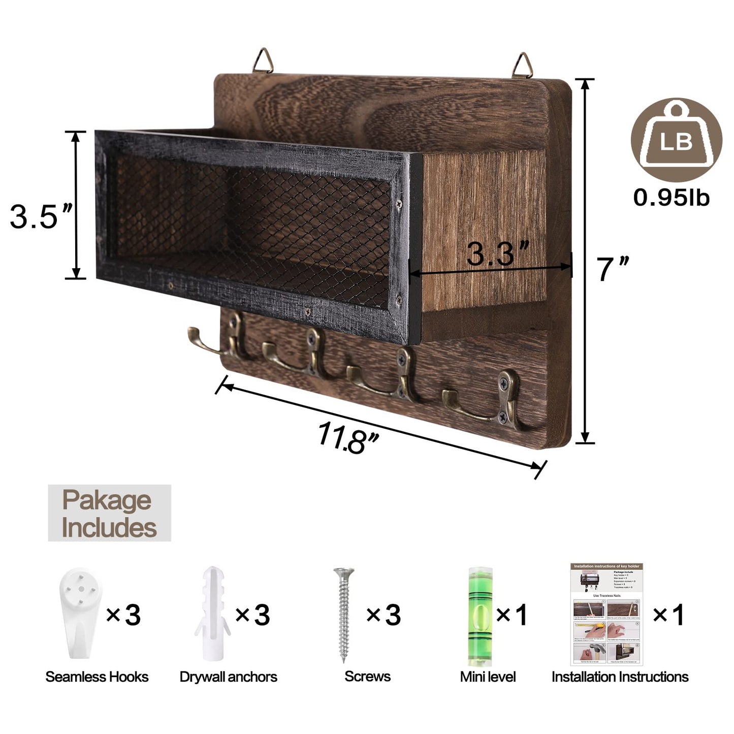 ADIIL Mail and Key Holder for Wall Decorative, Wooden Wall Mount Key Rack Hanger Organizer with 4 Double Key Hooks, Rustic Home Decor for Entryway Hallway, Brown