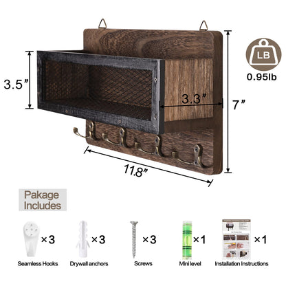 ADIIL Mail and Key Holder for Wall Decorative, Wooden Wall Mount Key Rack Hanger Organizer with 4 Double Key Hooks, Rustic Home Decor for Entryway Hallway, Brown