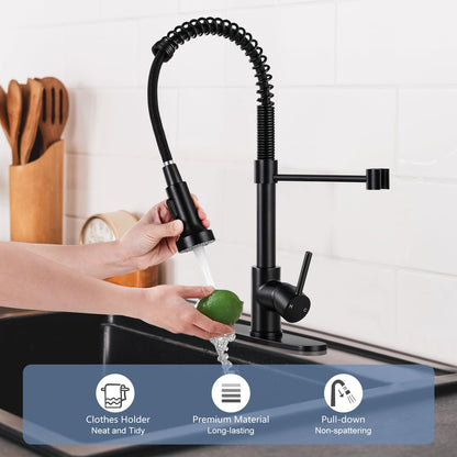 DJS Kitchen Faucets with Pull Down Sprayer Matte Black - Dual Mode Setting Single Handle 1 or 3 Holes Commercial Black Kitchen Sink Faucet with Deck Plate for Farmhouse RV Vessel Basin